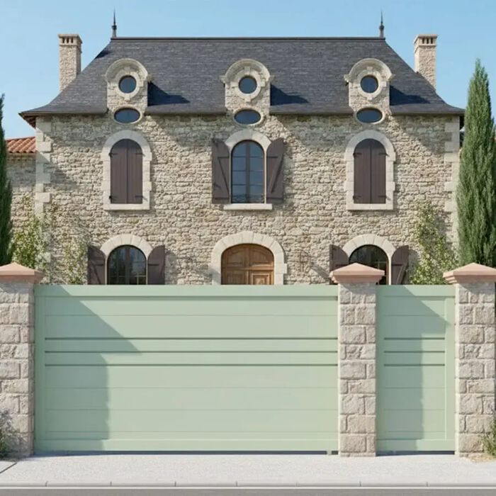 Portail coulissant DEVON vert pâle devant une maison en pierre
