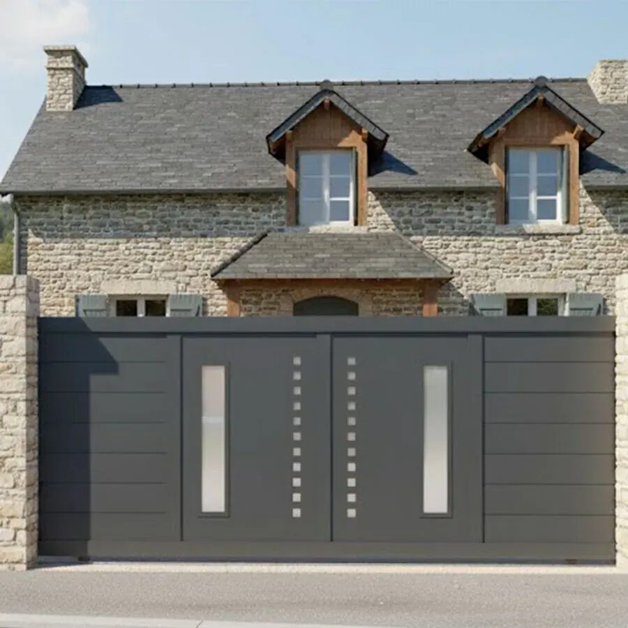 Portail coulissant aluminium DIOME gris anthracite avec panneaux décoratifs, vue extérieure