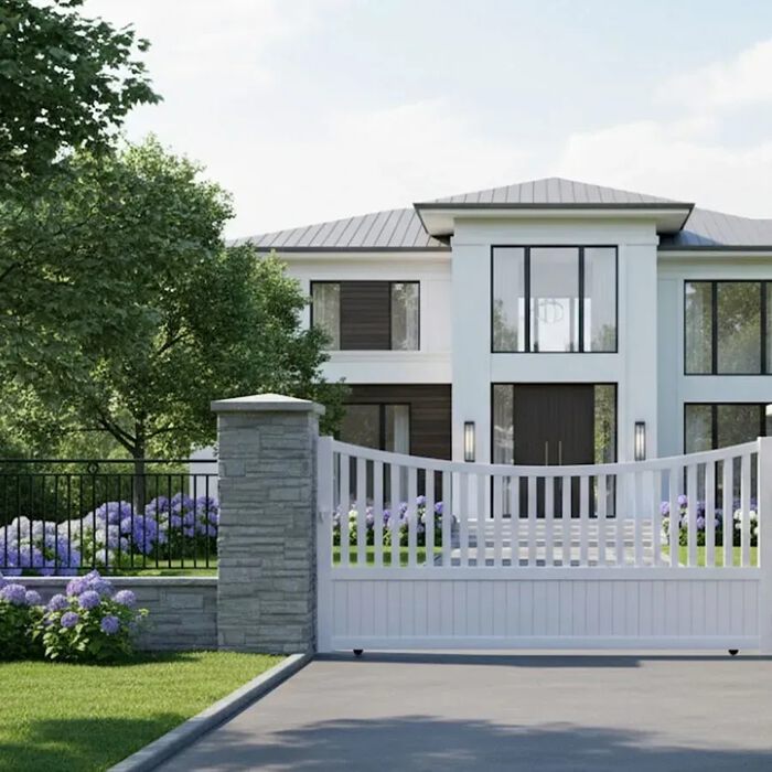 Portail coulissant ICO blanc devant une maison moderne