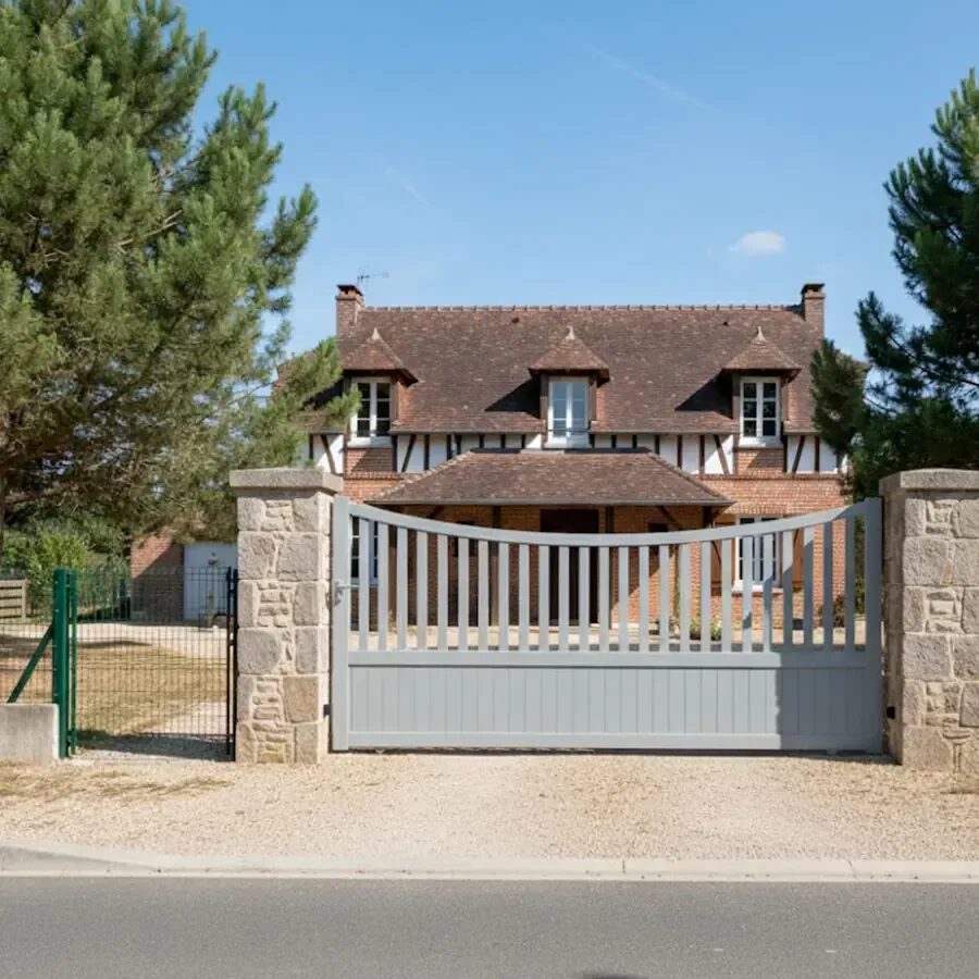 Portail coulissant aluminium ICO gris clair bombé, lames verticales et barreaudage, vue extérieure