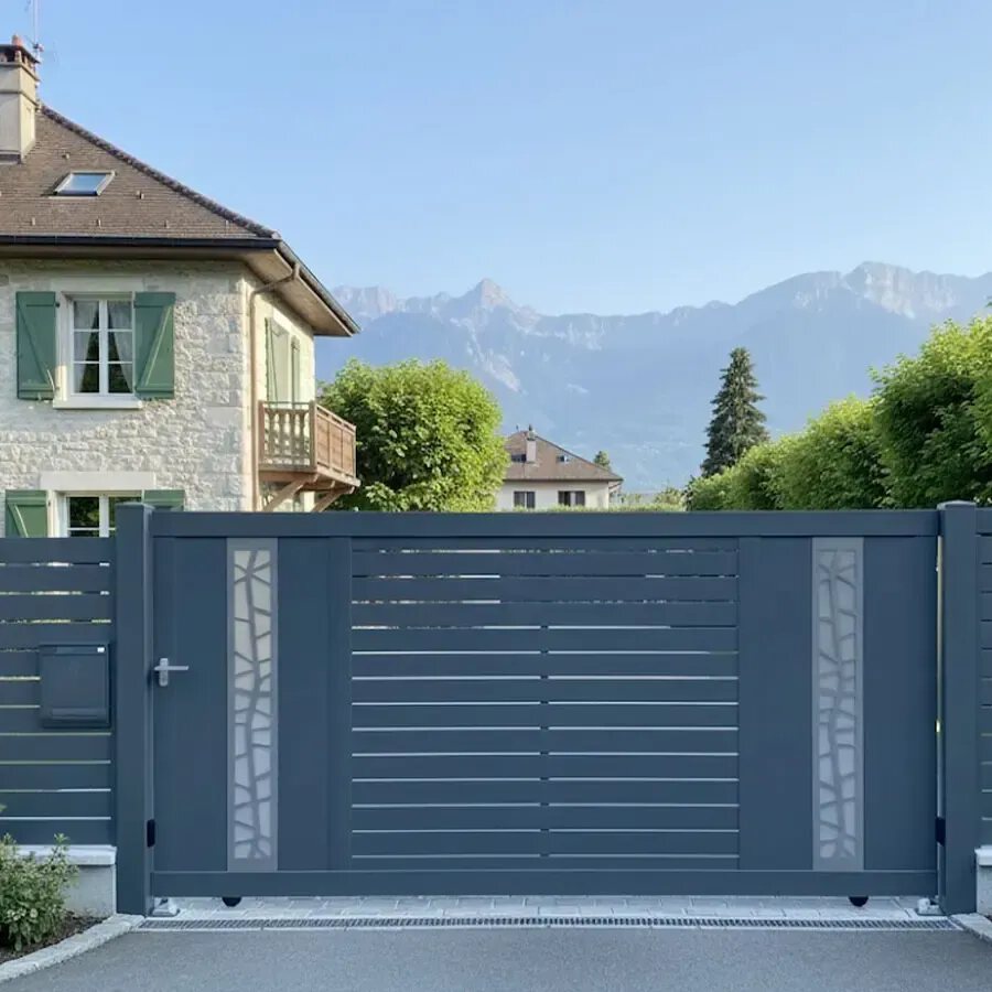 Portail coulissant aluminium JAM gris anthracite, lames horizontales et panneaux latéraux décoratifs, vue extérieure