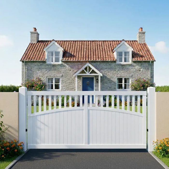 Portail coulissant KIMI blanc devant un cottage en pierre