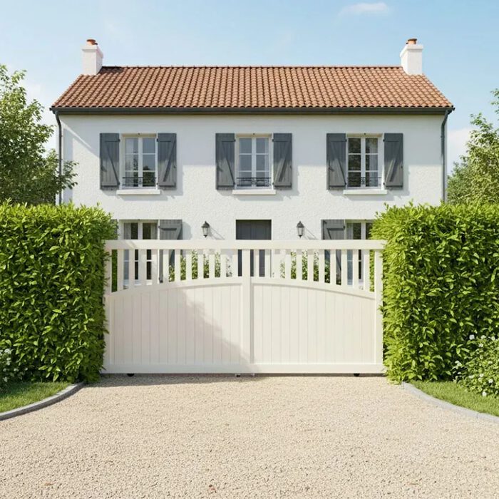 Portail coulissant KIMI blanc devant une maison de campagne