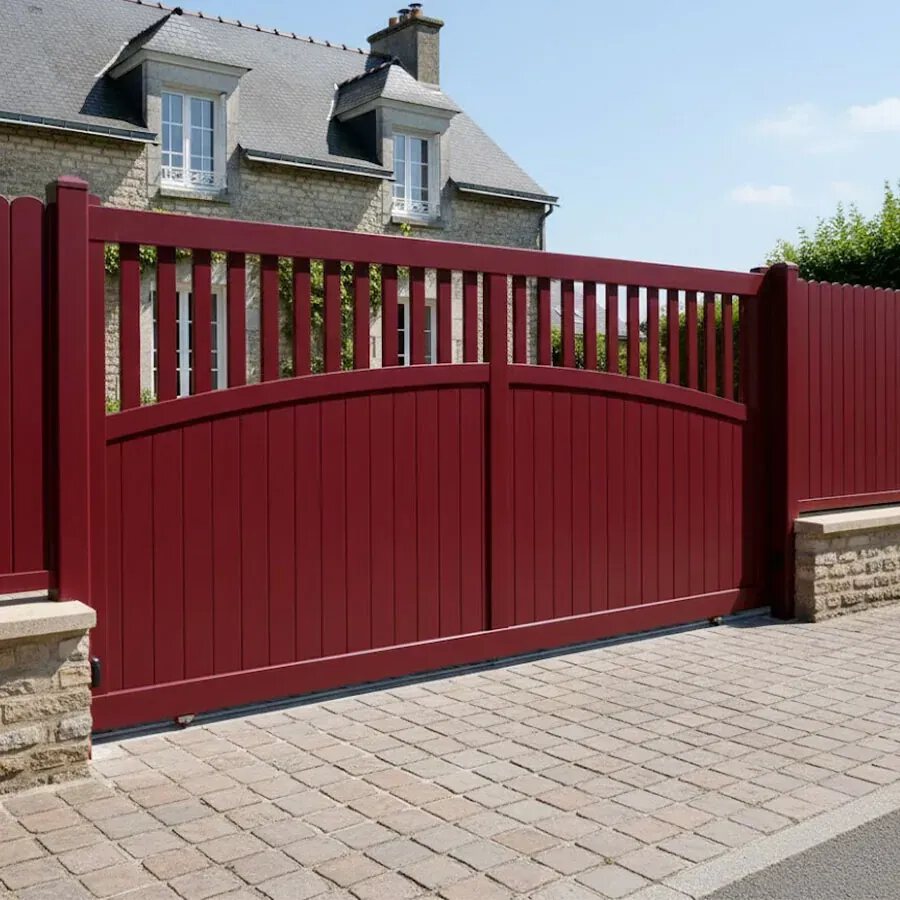 Portail coulissant KIMI bordeaux devant une maison en pierre