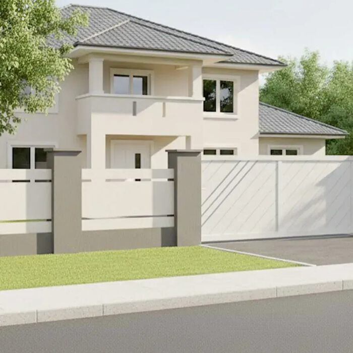 Portail coulissant LESM blanc devant une maison