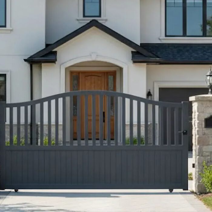 Portail coulissant LEV gris anthracite devant une maison blanche