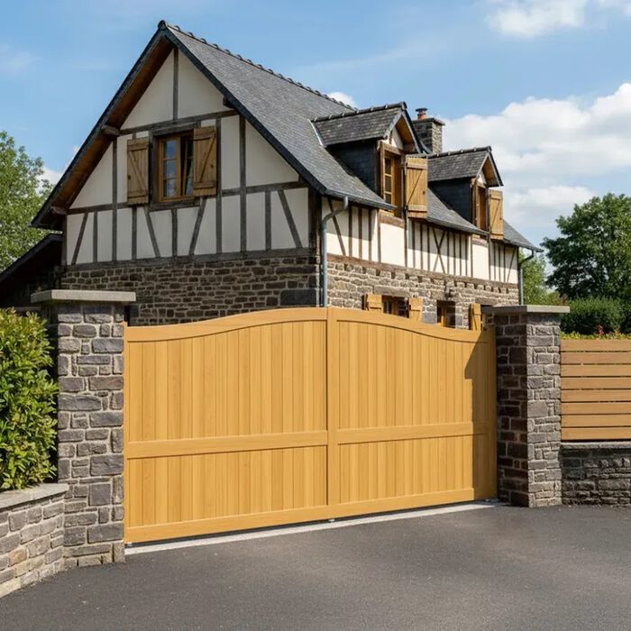 Portail coulissant MARA finition chêne doré devant une maison à colombages