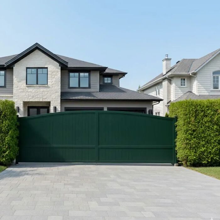 Portail coulissant MARA vert devant une maison en pierre