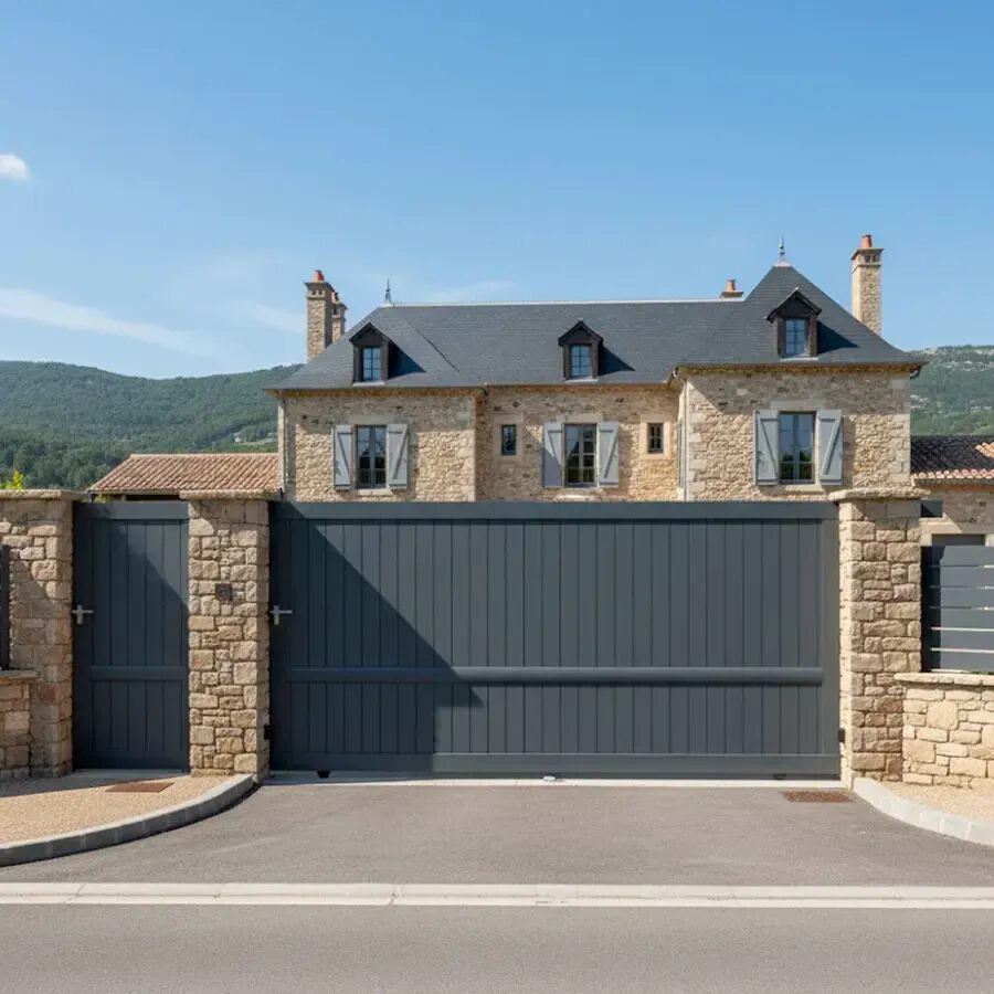 Portail coulissant aluminium MEL gris anthracite plein à lames verticales avec traverse de milieu, vue extérieure