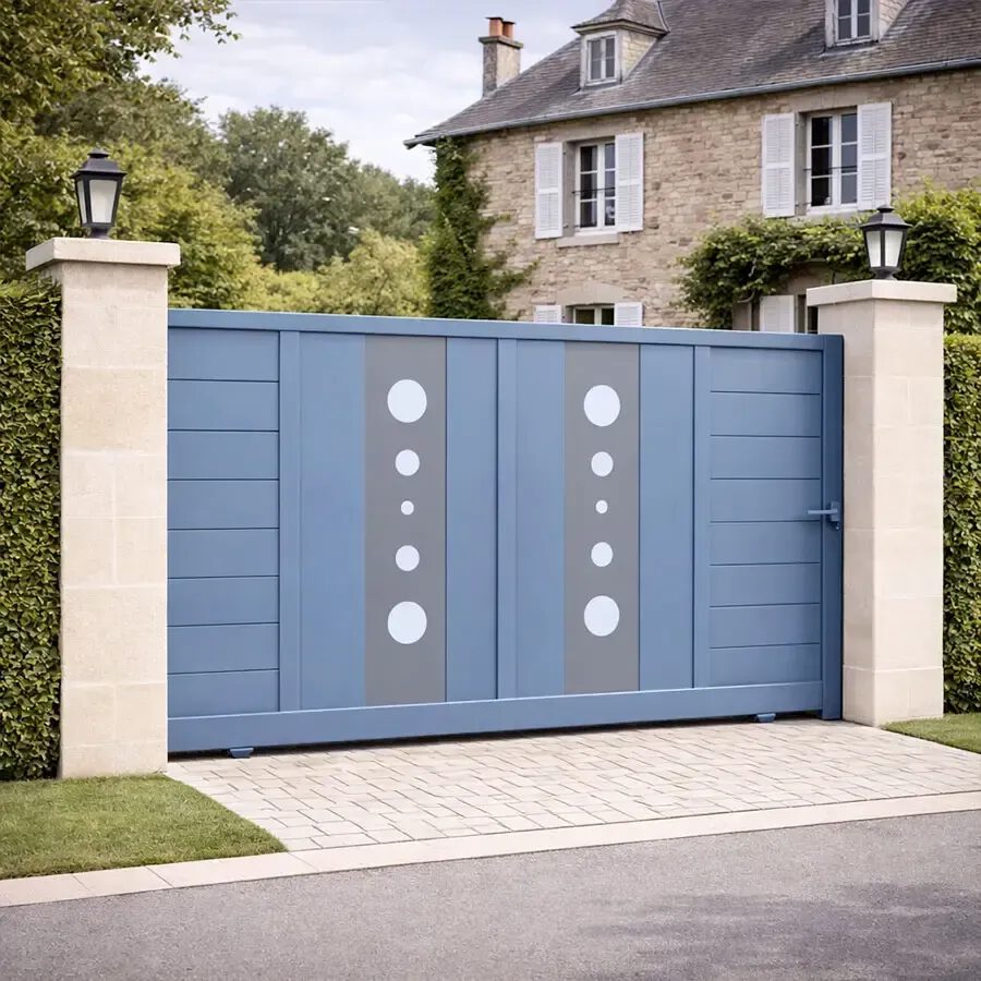 Portail coulissant aluminium MIL bleu pigeon avec panneaux décoratifs à ronds, vue extérieure