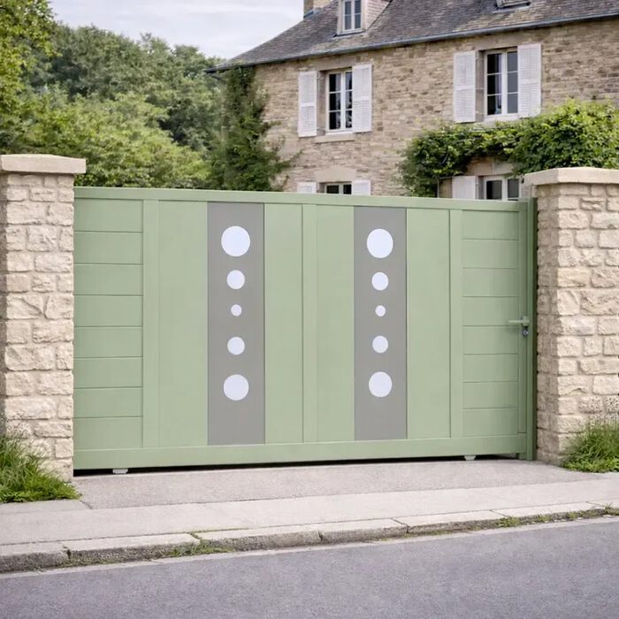 Portail coulissant MIL vert pâle devant une maison en pierre