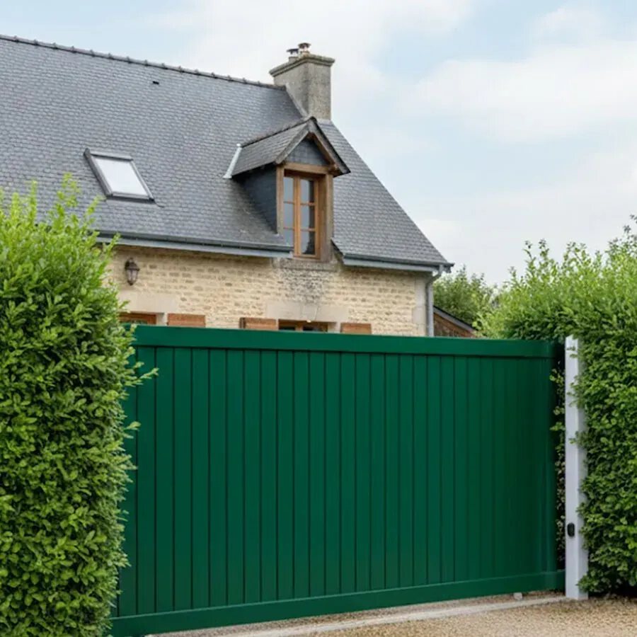 Portail coulissant aluminium NATI vert plein à lames verticales, vue extérieure