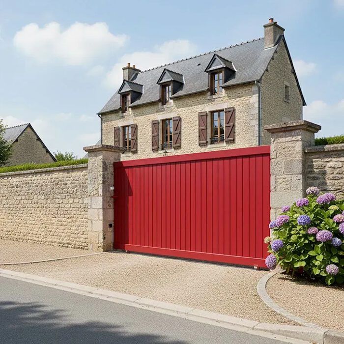 Portail coulissant NATI rouge devant une maison en pierre