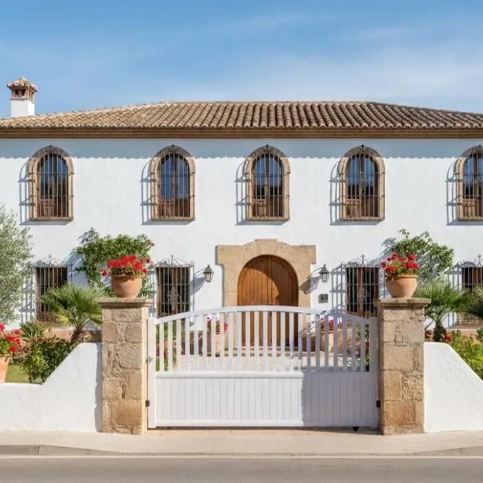 Portail coulissant PIL blanc devant une maison andalouse