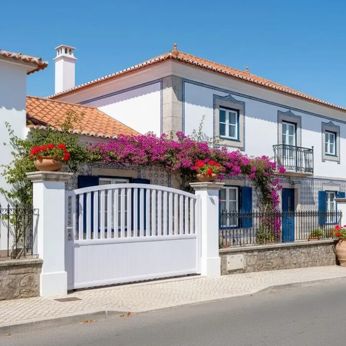 Portail coulissant PIL blanc devant une maison aux bougainvilliers