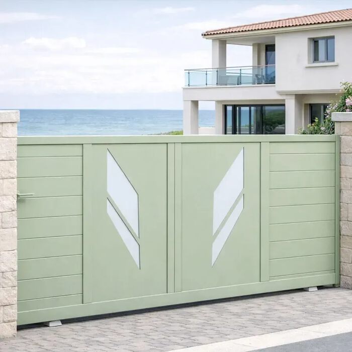 Portail coulissant PRIBI vert pâle devant une villa en bord de mer