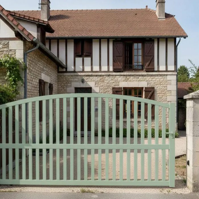 Portail coulissant ROC vert pâle devant une maison normande