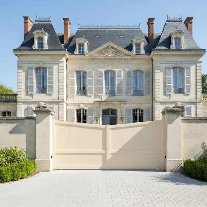Portail coulissant ROSE crème devant un château