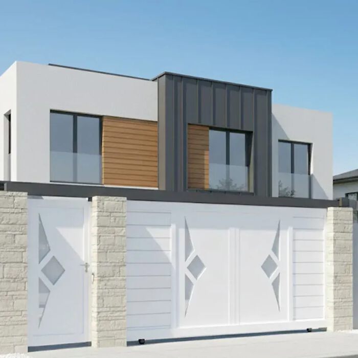 Portail coulissant SCILL blanc devant une maison moderne