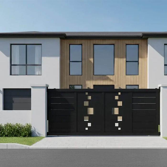 Portail coulissant SOM noir devant une maison contemporaine