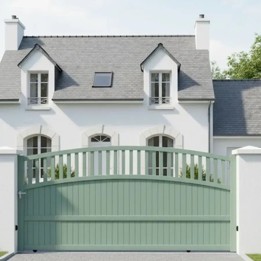 Portail coulissant TOM vert pâle devant une maison bretonne
