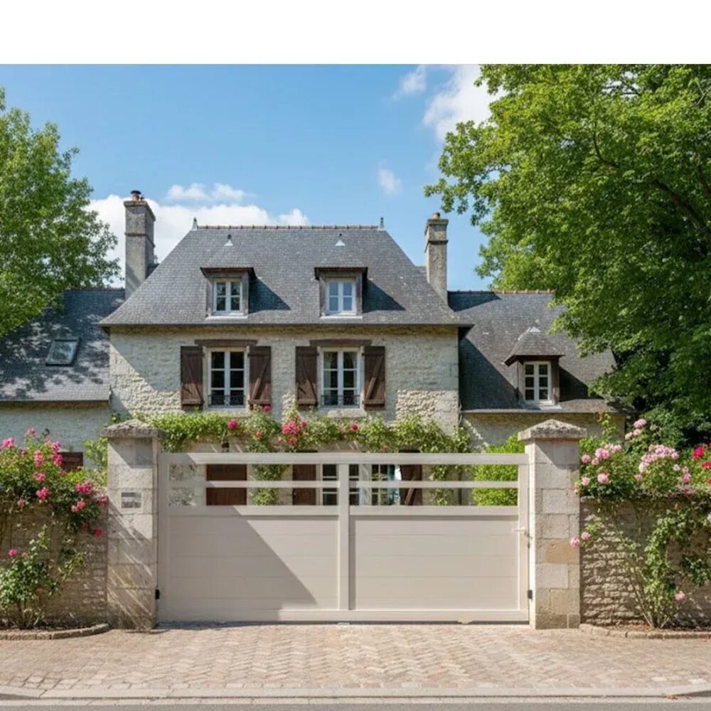 Portail coulissant aluminium haut de gamme TROM blanc entre deux piliers, vue extérieure