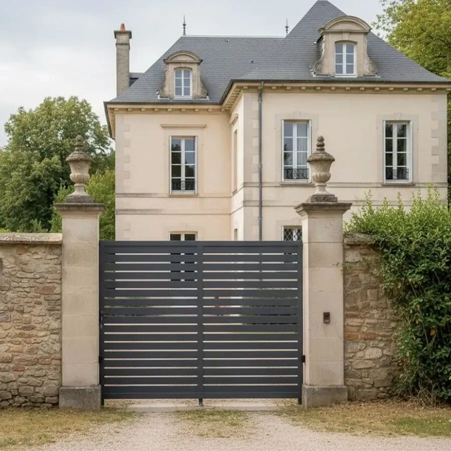 Portail coulissant aluminium TUC gris anthracite ajouré à lames horizontales, vue extérieure