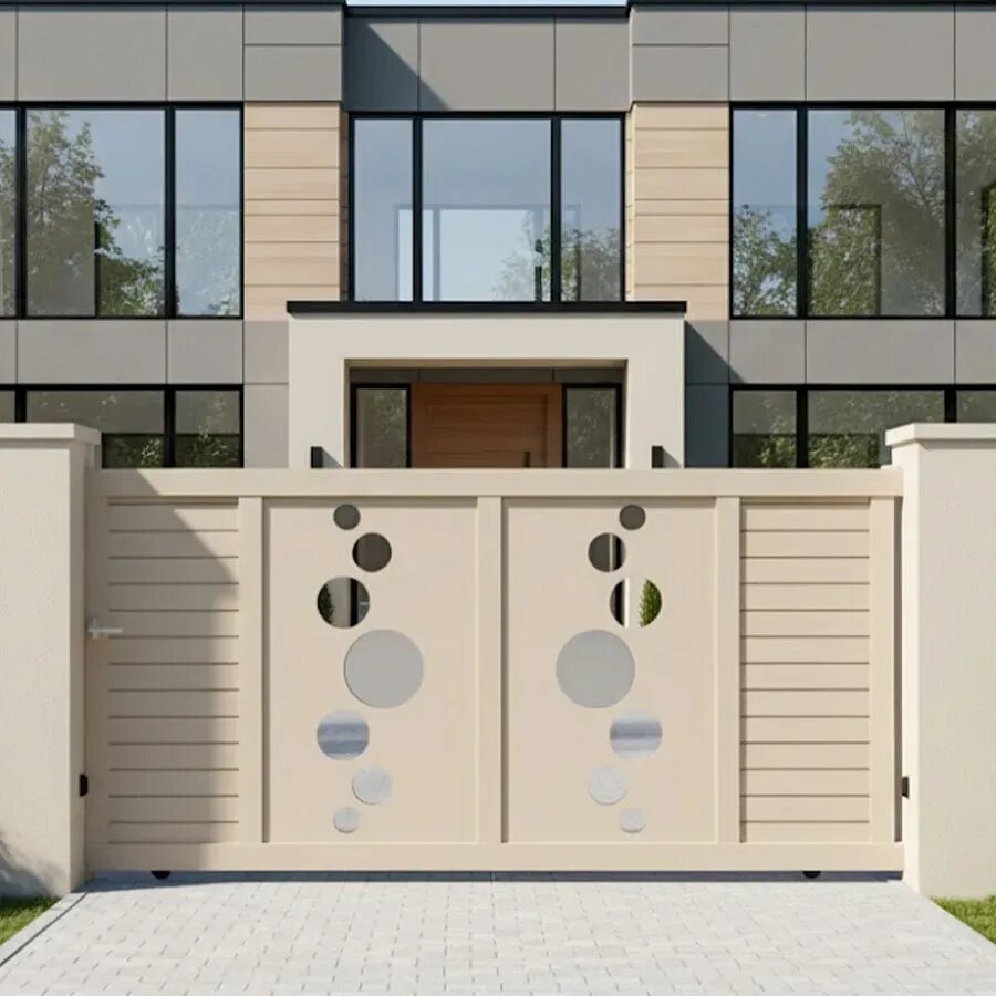 Portail coulissant VIC beige devant une maison contemporaine