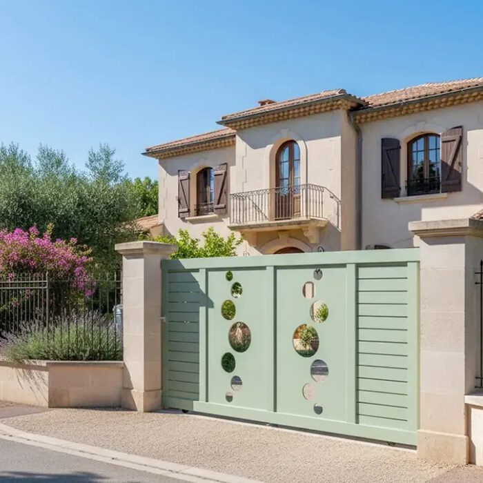 Portail coulissant VIC vert pâle devant une villa provençale