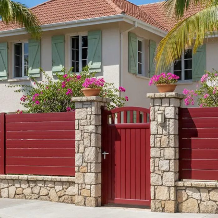 Portillon aluminium ARA rouge devant une maison méditerranéenne