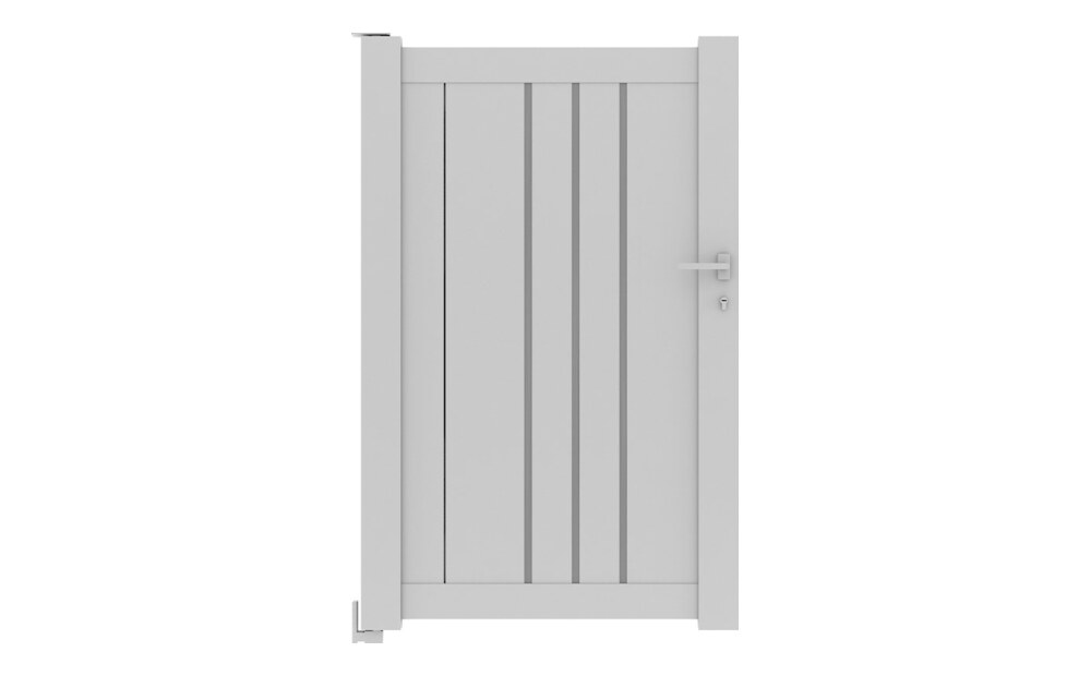 Portillon aluminium BAFFIN à 1 vantail, lames verticales et trois décors en aluminium brossé