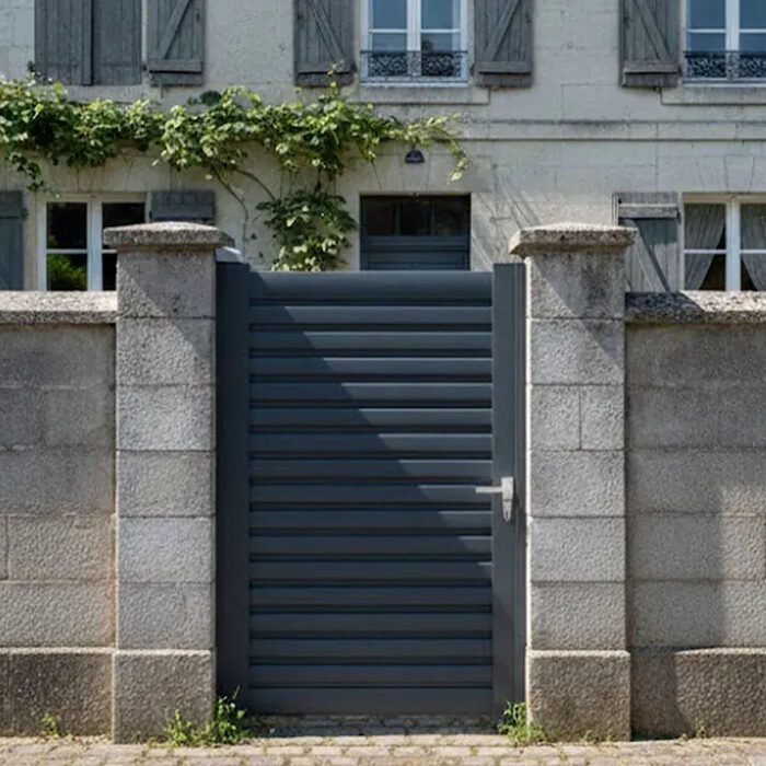 Portillon aluminium BAGO gris anthracite entre deux piliers en pierre