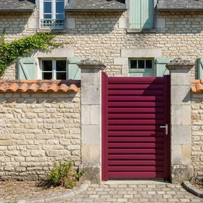 Portillon aluminium BAGO rouge bordeaux devant une maison ancienne