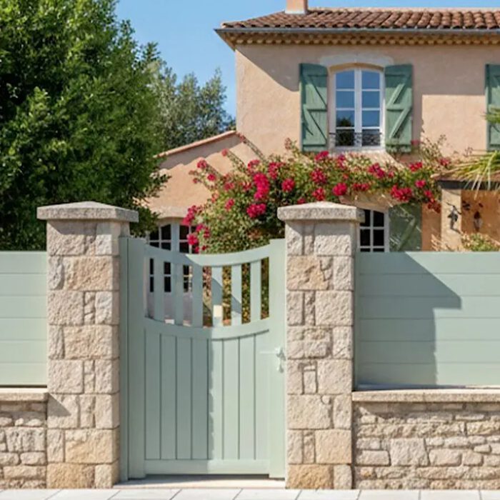 Portillon aluminium BEN vert d'eau devant une maison méditerranéenne