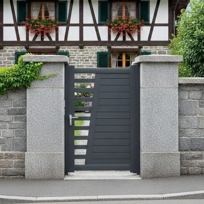 Portillon aluminium BIKI gris anthracite devant une maison à colombages