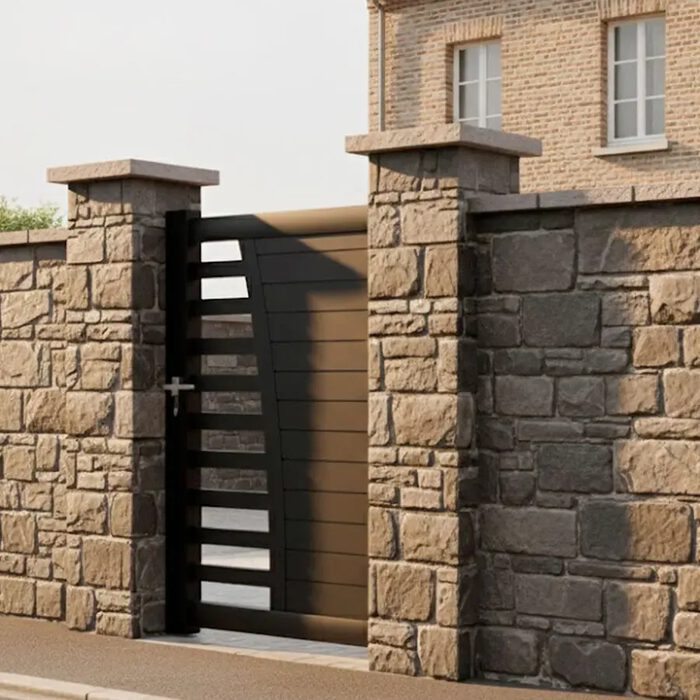 Portillon aluminium BIKI gris anthracite devant une maison en pierre
