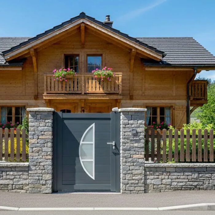 Portillon aluminium BYL gris anthracite devant un chalet