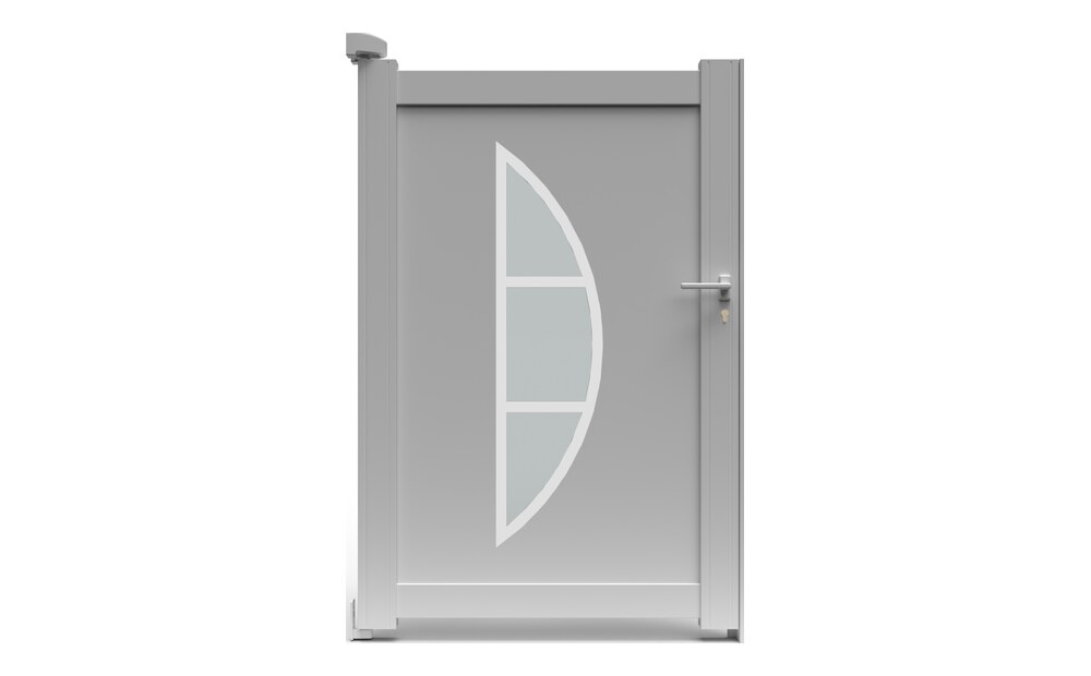 Portillon aluminium BYL à 1 vantail, panneau décoratif avec vitrage opaque en demi-lune