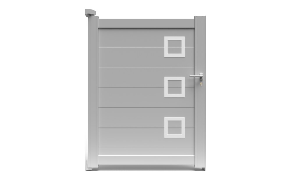 Portillon aluminium CLAVER à 1 vantail, plein en lames horizontales avec carrés décoratifs
