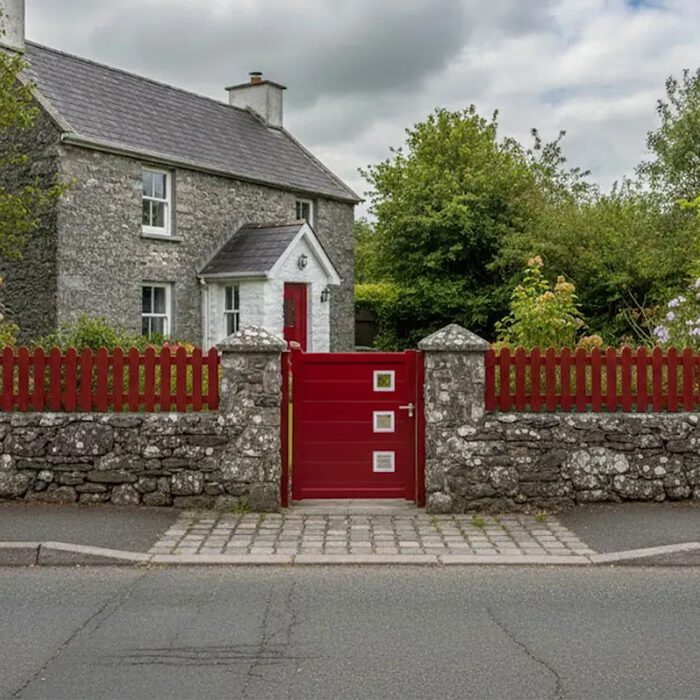 Portillon aluminium CLAVER rouge devant une maison en pierre