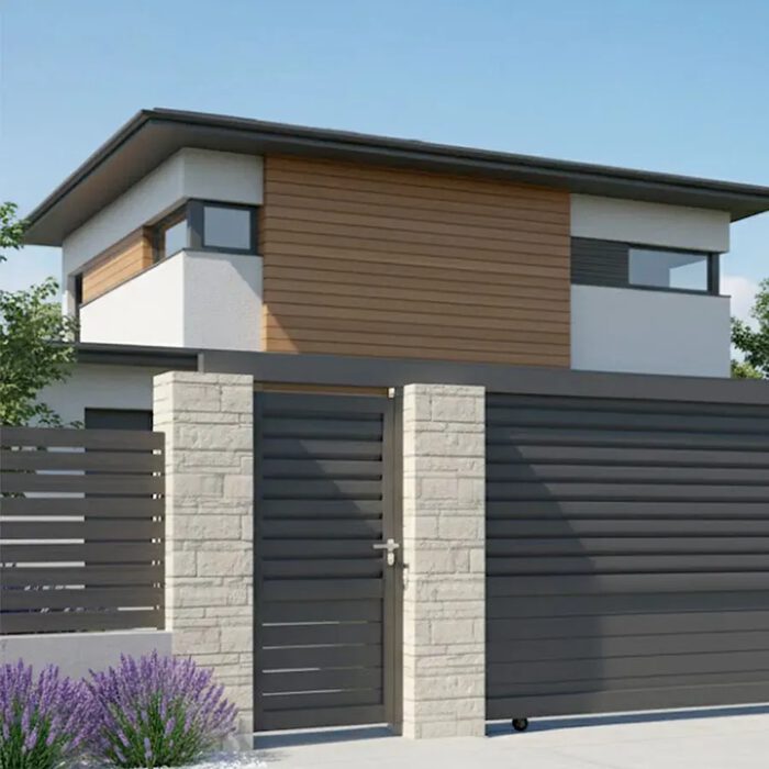 Portillon aluminium DAD gris anthracite devant une maison contemporaine