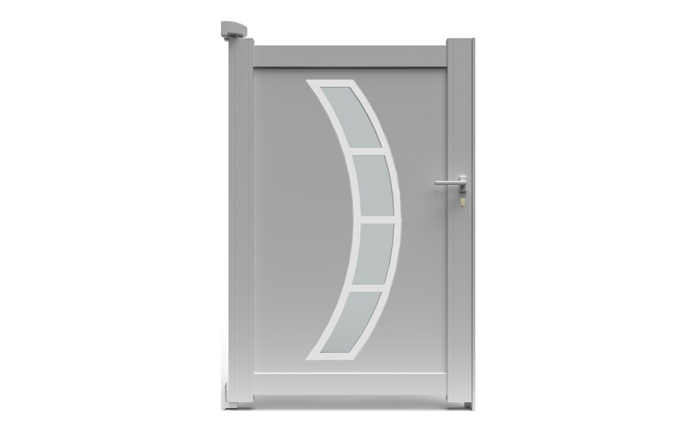 Portillon aluminium DALL à 1 vantail, panneau décoratif avec décor arrondi en vitrage opaque