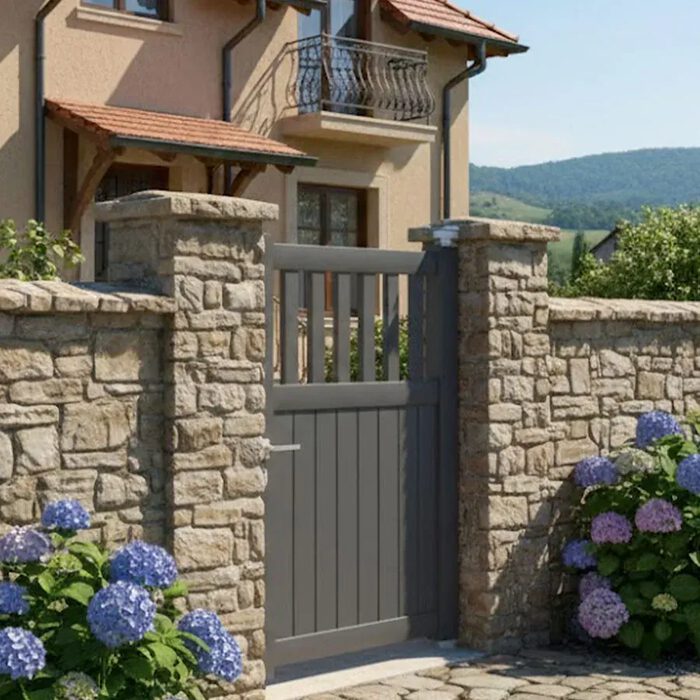 Portillon aluminium DEL gris devant une maison de campagne
