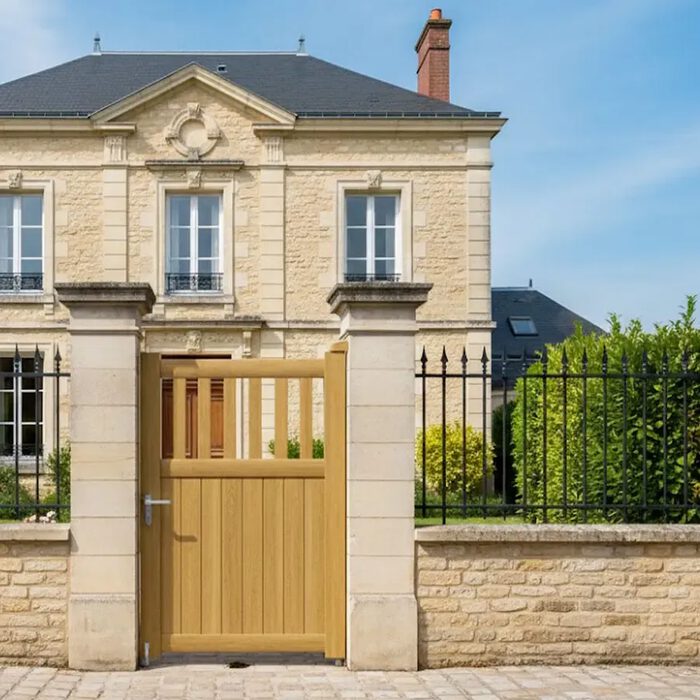 Portillon aluminium DEL chêne doré devant une maison en pierre