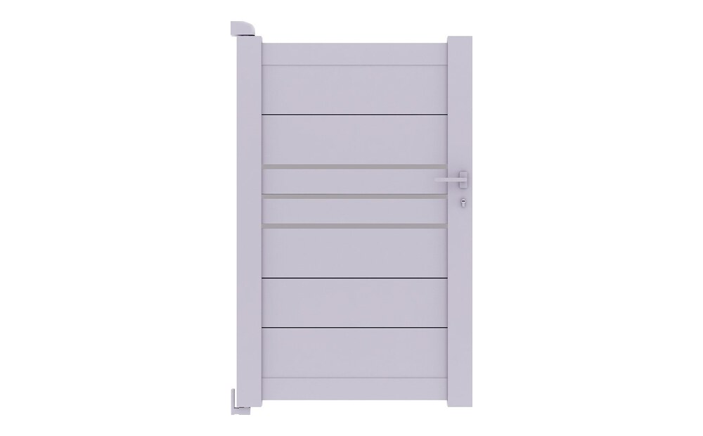 Portillon aluminium DEVON à 1 vantail, lames horizontales et trois décors en aluminium brossé