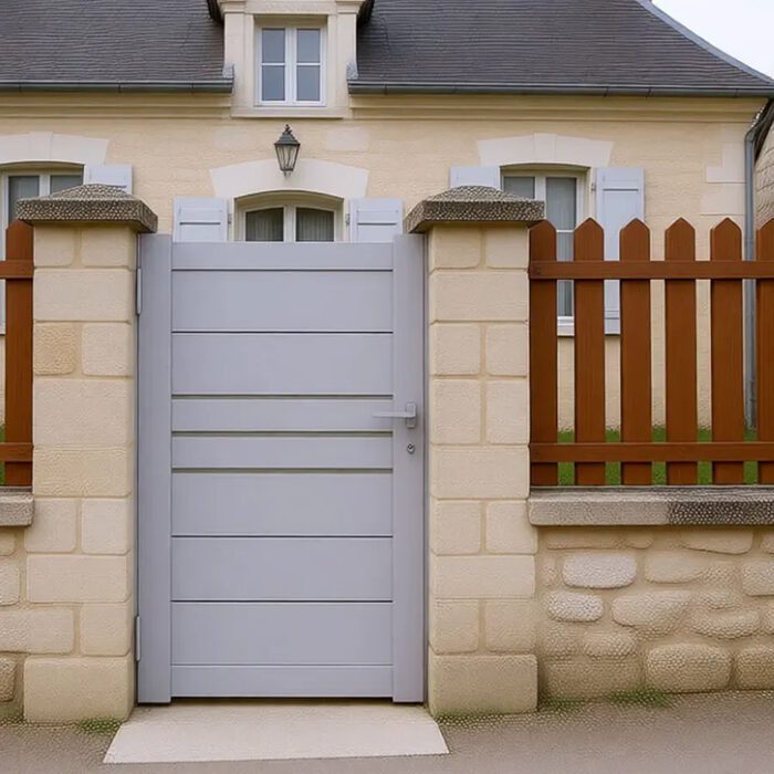 Portillon aluminium DEVON blanc devant une maison de campagne