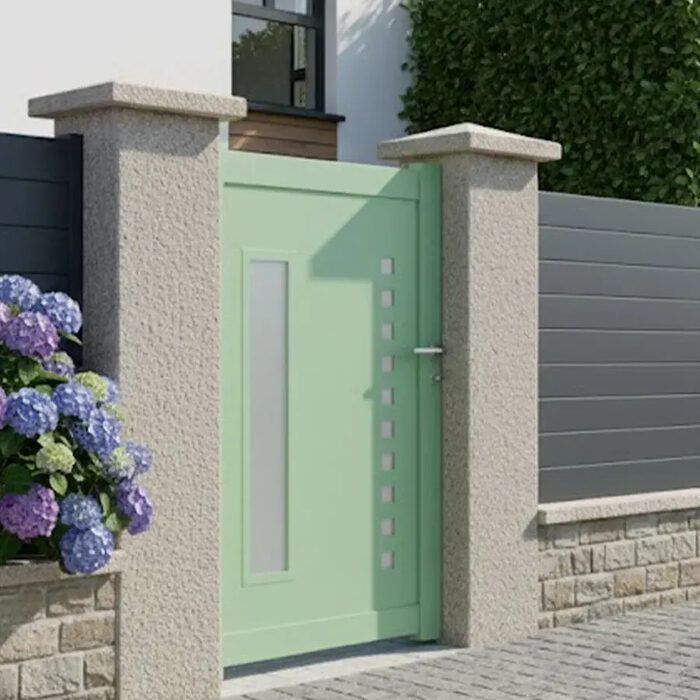 Portillon aluminium DIOME vert amande entre deux piliers