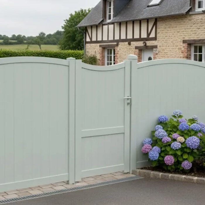 Portillon aluminium GALAPE vert d'eau devant une maison normande