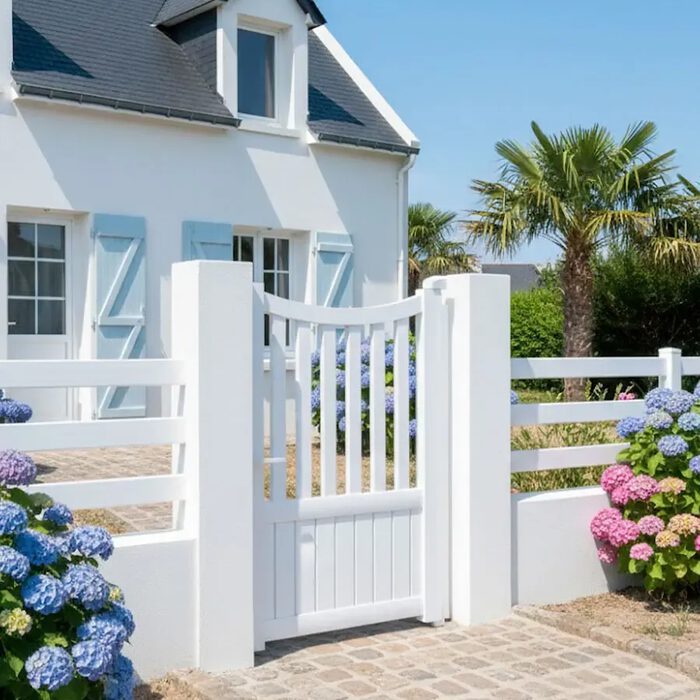 Portillon aluminium ICO blanc devant une maison de bord de mer