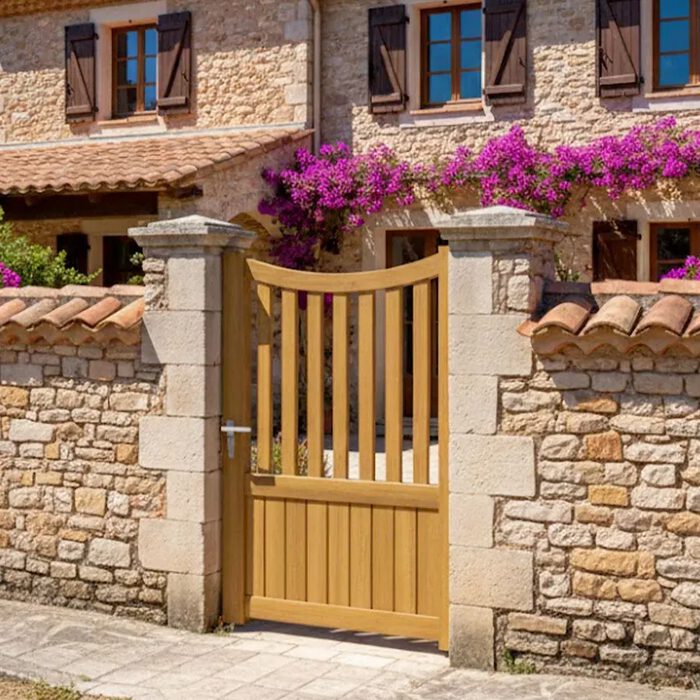 Portillon aluminium ICO chêne doré devant un mur en pierre